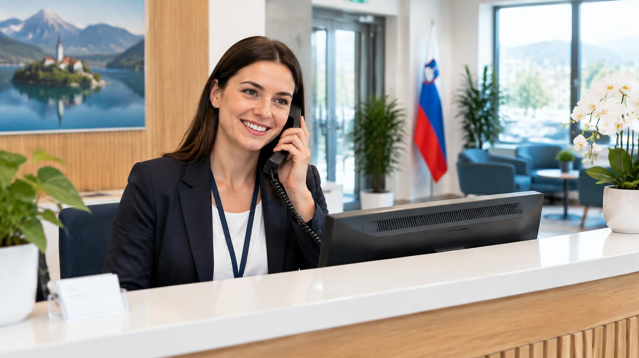 Receptionist smiling while talking on the phone in a modern office lobby