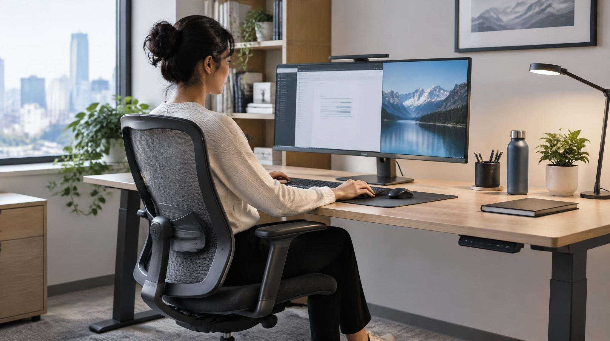 ergonomic office desk setup