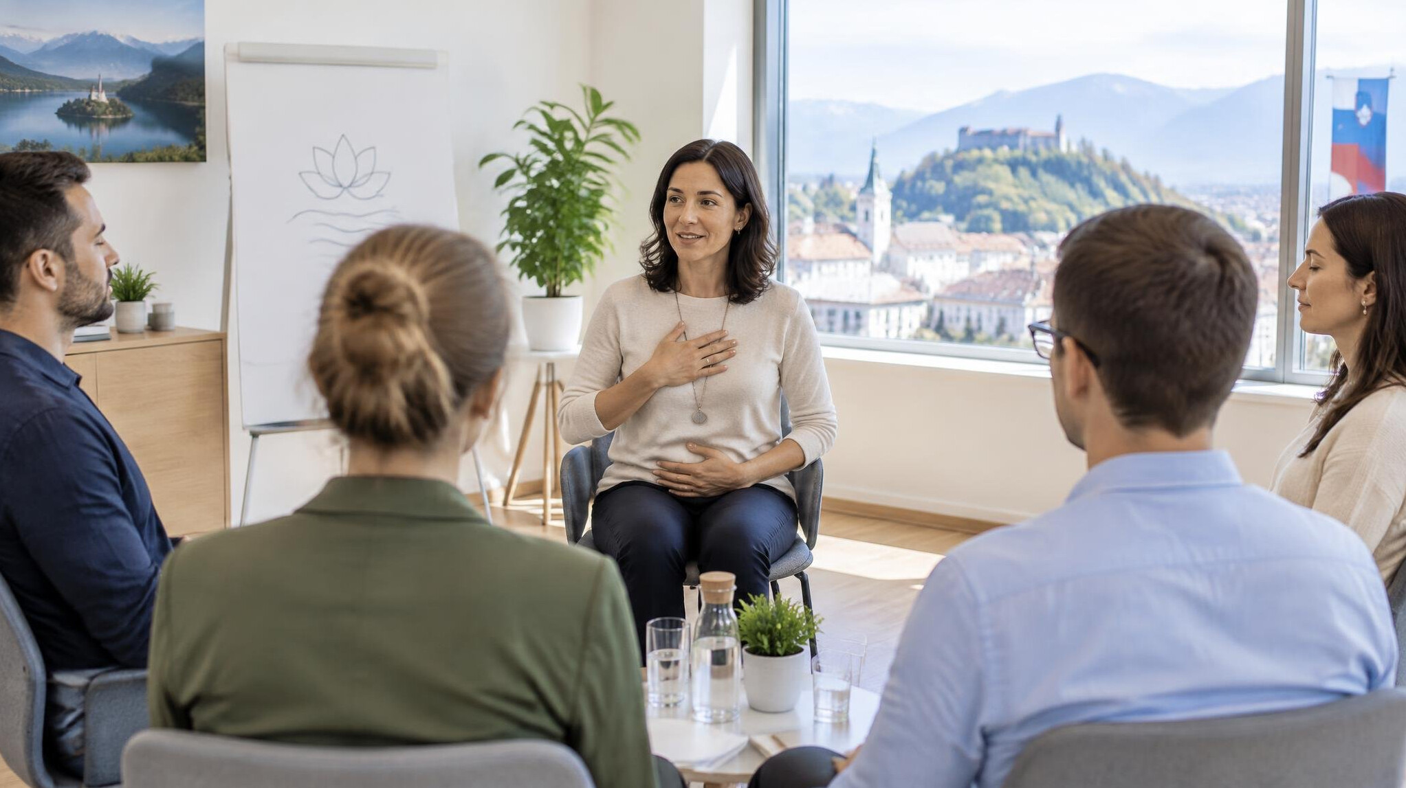 Psychologist leading a mindfulness and stress management workshop for employees
