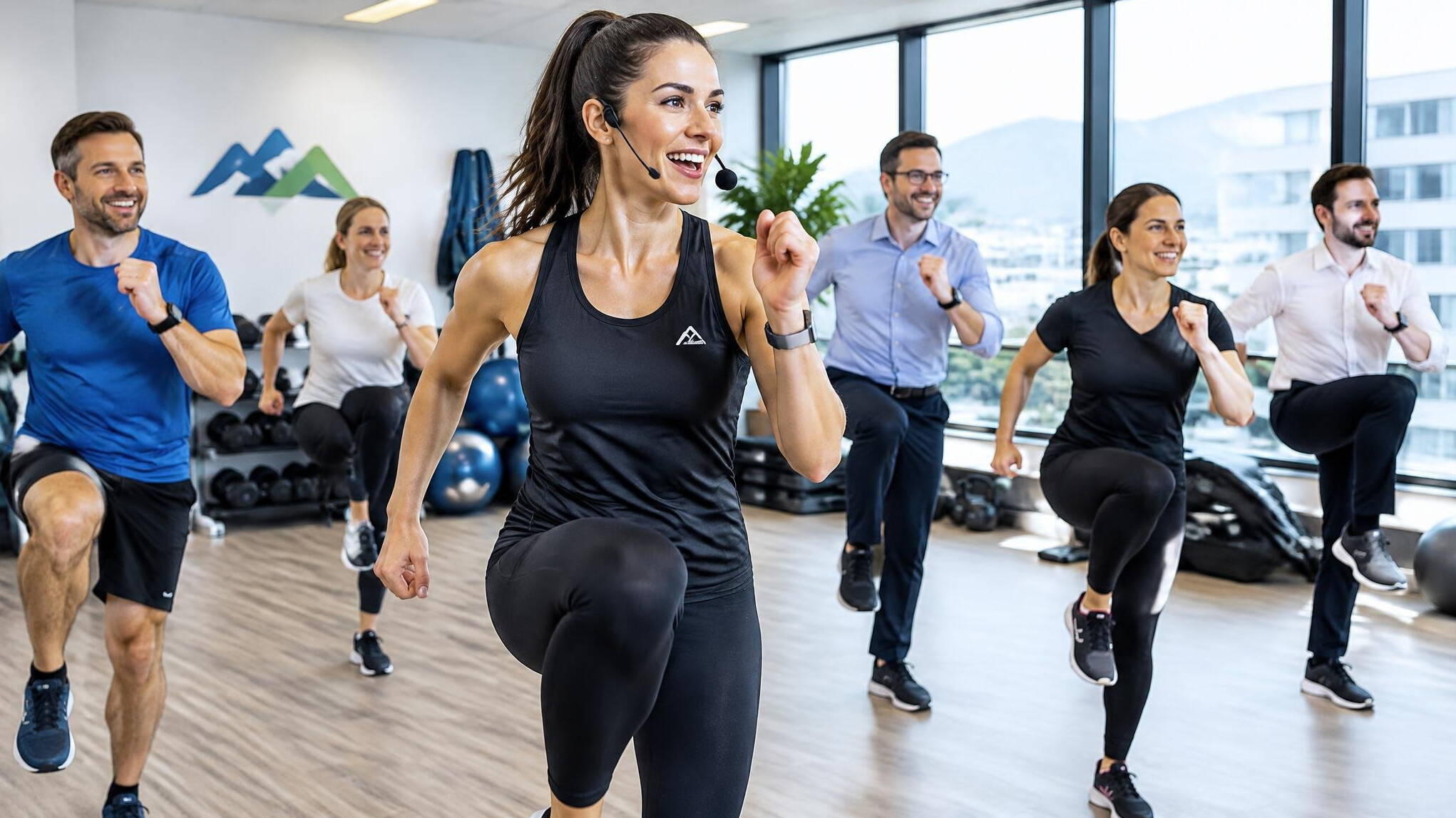 Corporate fitness instructor leading an exercise session with employees