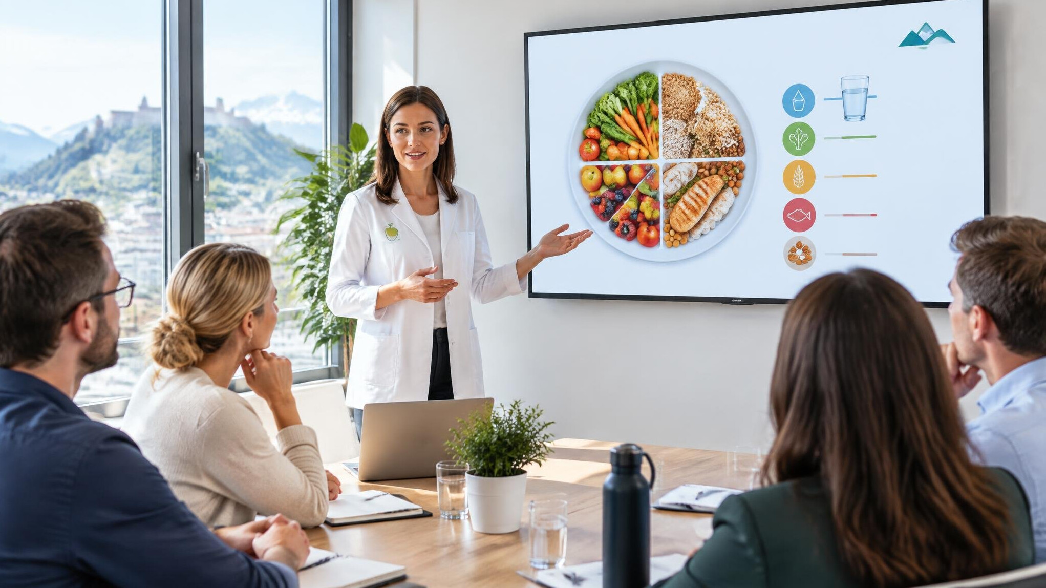 Nutritionist presenting healthy eating guidelines to employees in an office setting