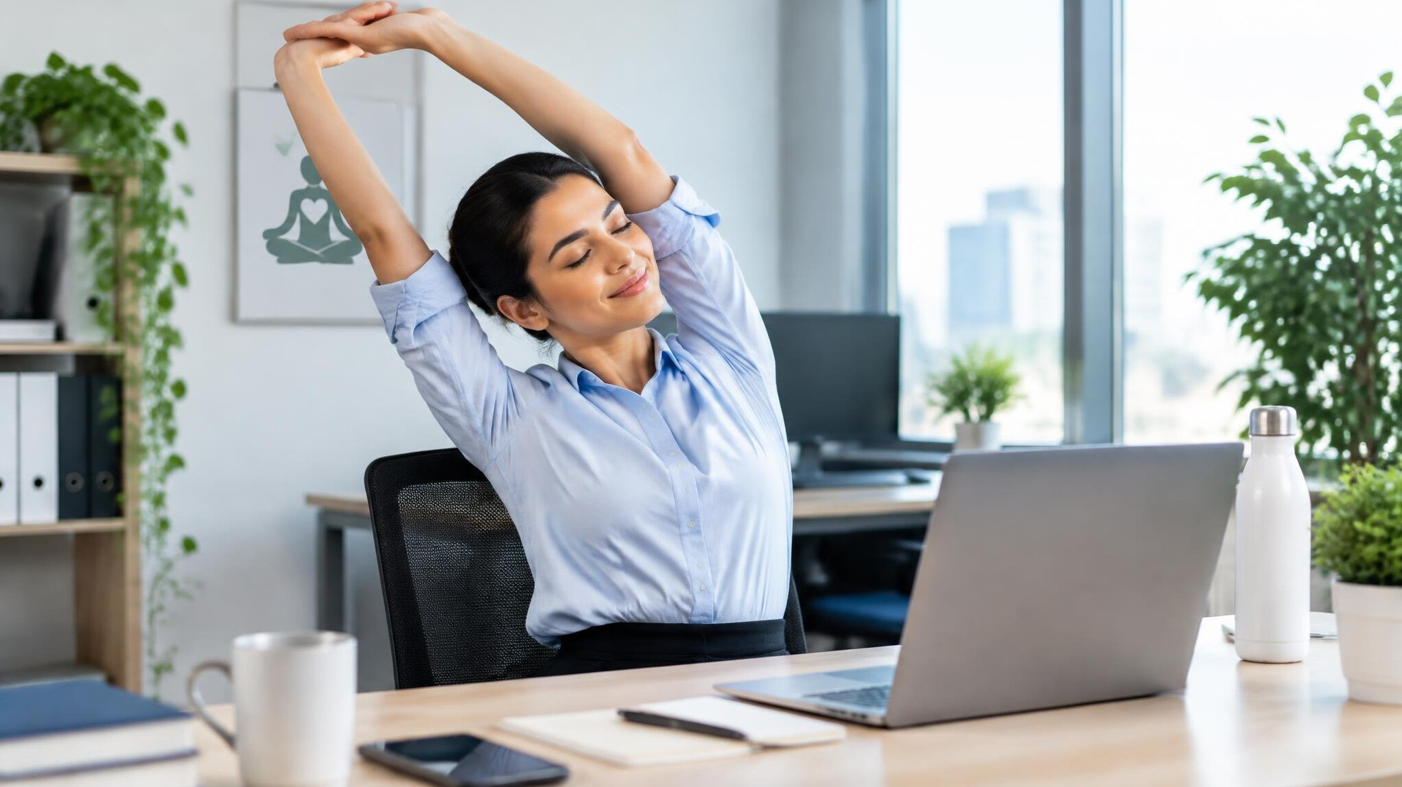 person stretching at office desk