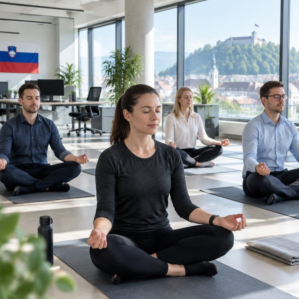 Employees participating in an on-site yoga class in an office space